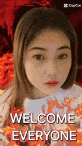 a picture of a woman with the words welcome everyone on the bottom