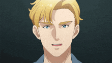 a man with blonde hair and blue eyes looks at the camera
