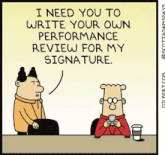 a cartoon of two men sitting at a table talking about writing a performance review for a signature .