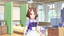 a girl in a hospital room with green curtains behind her
