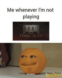an orange with a face is next to a doom logo