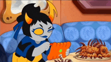 a cartoon character is sitting on a couch with a plate of food in the background