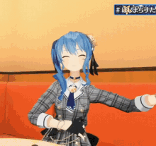 a girl with blue hair is sitting on a red couch with a sign that says #