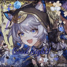 a picture of a girl with cat ears and the words good night on it