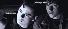 a black and white photo of two boys with the name johnnycakes on the bottom