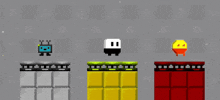 a video game with a blue robot and a yellow and red smiley face
