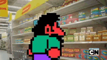 a cartoon character is standing in a grocery store aisle with cn on the bottom right