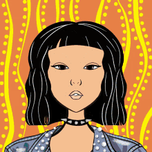 a cartoon drawing of a girl with short black hair