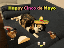 a calico cat wearing a sombrero is laying on a couch with two chickens
