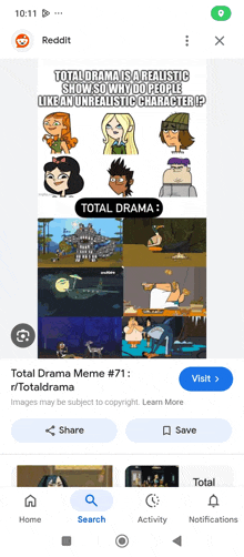 a screenshot of a total drama meme that says total drama is a realistic show so why do people like an unrealistic character