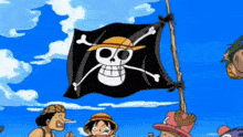 a group of cartoon characters are standing around a flag with a skull and crossbones on it