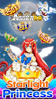 a poster for a game called starlight princess with a girl with red hair