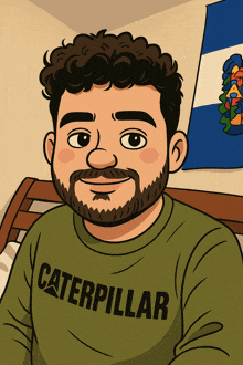 a man with a beard wears a green caterpillar shirt