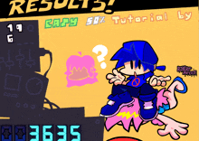 a cartoon character with a question mark on his head is on a screen that says results
