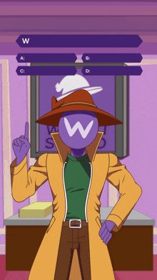 a cartoon character with a hat and a w on his face