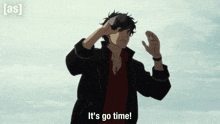 a cartoon character says " it 's go time " in front of a cloudy sky
