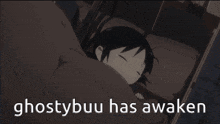 a picture of a girl with the words " ghostybuu has awaken " above her