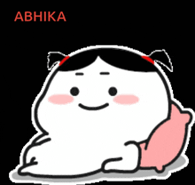 a cartoon of a girl with pigtails laying on a bed with a pink pillow .