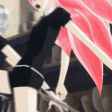 a woman with pink hair is holding a sword