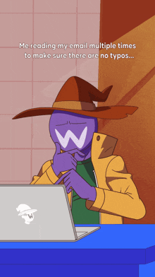 a cartoon of a wizard sitting in front of a laptop with a w on his face