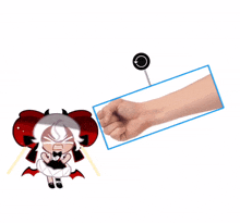 a person 's fist is being held over a cartoon character