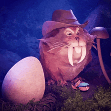 a cartoon character wearing a cowboy hat is next to a large egg