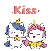 a couple of unicorns standing next to each other with the word kiss in the background