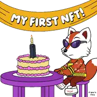 a cartoon of a fox sitting at a table with a birthday cake and a banner that says my first nft
