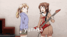 a girl playing a guitar next to another girl with yumisa written in the corner