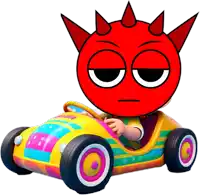 a cartoon character with a red face is driving a colorful toy car