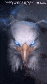 a bald eagle with blue eyes and a lightning bolt behind it .