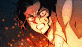a close up of a cartoon character with red eyes and black hair