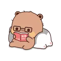 a cartoon bear wearing glasses is reading a book in a foreign language