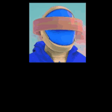 a close up of a person wearing a blue helmet and a blue shirt .
