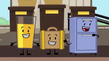 a glass of orange juice a suitcase and a blue refrigerator are all smiling