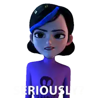 a cartoon character says seriously in a purple shirt