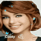 a close up of a woman 's face with the name cooky written on it