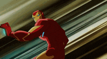 a cartoon of a man in a red suit with a blue glove