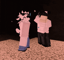 two cartoon characters are standing next to each other and one of them has a box on her back