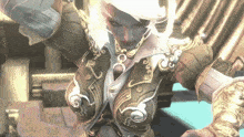 a woman in a video game is wearing a brown and white outfit