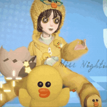 a girl in a duck costume is sitting on a duck