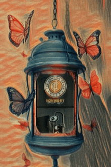 a lantern with butterflies surrounding it and the word hosted by on it