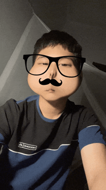 a boy wearing glasses and a mustache is wearing a shirt that says choosen