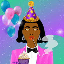 a woman wearing a party hat holds a cupcake and a cigarette in her mouth