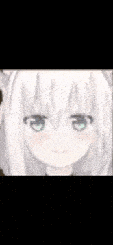 a close up of a anime girl with white hair and green eyes .