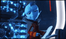 a cartoon character with a sad look on his face is standing in front of a machine that says ' eee '