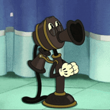 a cartoon character is holding a megaphone with a blue curtain behind him