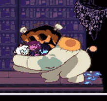 a cartoon character is sitting on a table in front of a shelf with bottles .