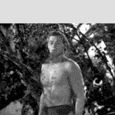 a man without a shirt is standing in the woods