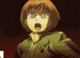 a cartoon character with glasses and a green jacket has a surprised look on his face